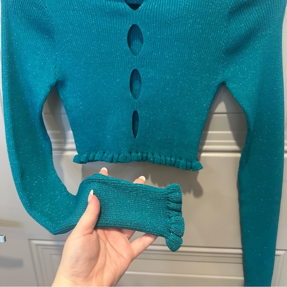 NWT For Love & Lemons Lorelei Cropped Ruffle Sweater Size Extra Small XS Teal - Picture 6 of 8